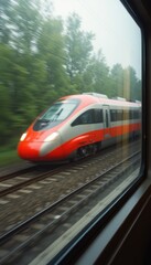 Fototapeta premium High speed train racing through lush green landscape on a rainy day