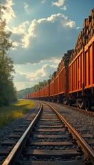 Fototapeta premium Cinematic view of a long freight train transporting timber along a winding railway track near a forested area at sunset
