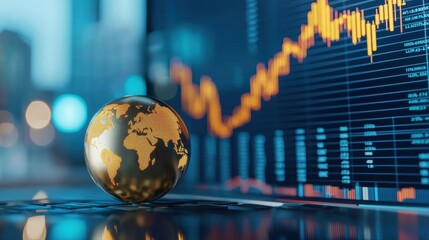 Gold globe on laptop with city skyline in background illustrating business concept and libor rate impact