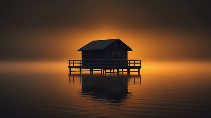 Volumetric lighting, intense jet black, floating wooden raft house on calm lake at sunrise, mist, golden light reflection.