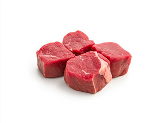 Urban four pieces of red meat on a white surface with neon lights and dark background, abstract night view