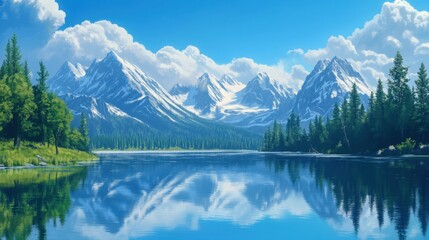 Fototapeta premium A tranquil lake with crystal-clear water reflects the majestic snow-capped mountain range and lush pine forest under a bright blue sky