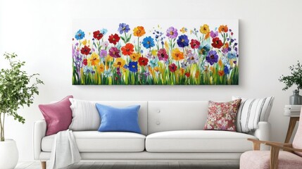 Vibrant Abstract Floral Art: Colorful Field of Blossoming Wildflowers on White Canvas