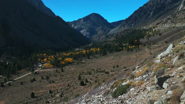 West Portal Entrance rugged Mountains Lee Vining Tioga Pass Road Yosemite National Park aerial drone California forward pan up Ansel Adams Wilderness autumn fall yellow orange Aspen Trees blue sky