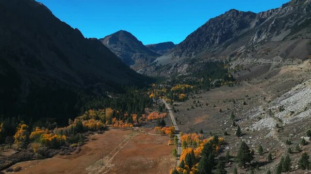 West Portal Entrance rugged Mountains Lee Vining Tioga Pass Road Yosemite National Park California aerial drone Ansel Adams Wilderness Big Oak Flat fall yellow orange Aspen Trees blue skies upwards