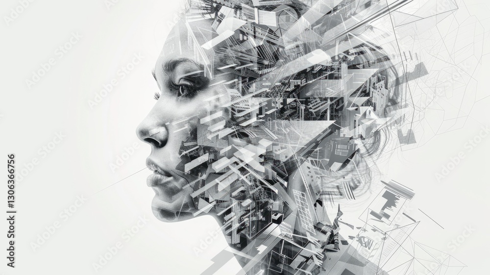 Poster digital face composed of various images and pixels on a white background. abstract human portrait wi
