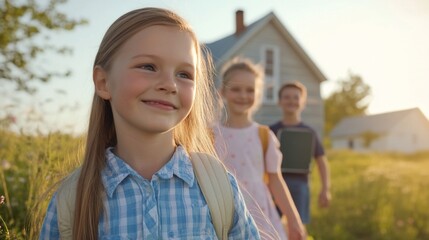 Kids walking home from school, sunset
