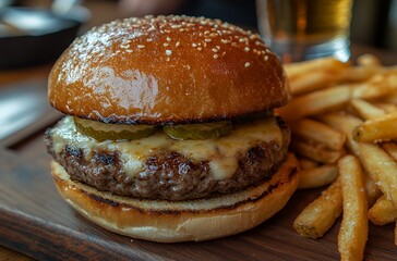 Delicious Burger with Cheese and Pickles Served with Crispy Fries