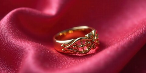 A delicate gold ring with intricate filigree design rests gently on a plush crimson fabric, showcasing its elegant craftsmanship and timeless appeal.