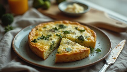 Delicious broccoli and cheese frittata served on a rustic plate with herbs and a golden orange drink in a cozy kitchen setting