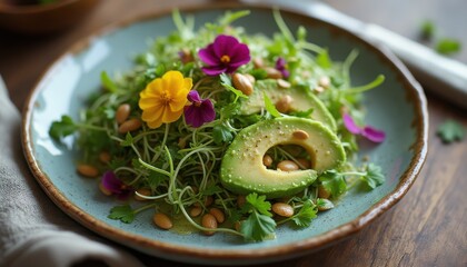 Crisp green salad with avocado, edible flowers, and pine nuts garnished on a rustic plate
