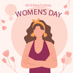 International Women's Day illustration, stylized female figure, purple top, crown, long wavy hair, empowered pose, floral elements, tulips, pastel pink background, feminine design