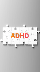 Adhd complex like a puzzle - pictured as word adhd on a puzzle pieces to show that adhd is complex and needs cooperating pieces that fit together. ,3d illustration
