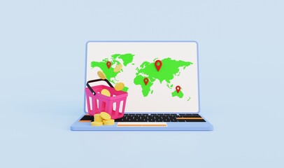 Laptop icon with online shopping, world map and worldwide shipping tracking. 3D illustration.