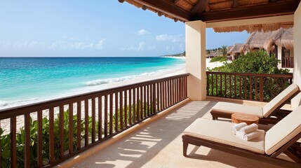 Fototapeta premium Serene Ocean View from Luxurious Beachside Villa Balcony Retreat