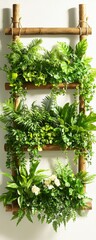 Fototapeta premium Bamboo Ladder Shelf with Lush Greenery and White Roses.
