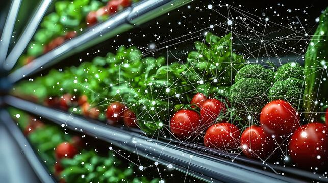 Fresh vegetables and tomatoes on shelves with digital overlay, symbolizing innovation in agriculture