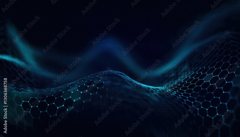 Poster futuristic glowing hexagonal mesh with fluid waves in dark blue tones, ideal for technology backgrou