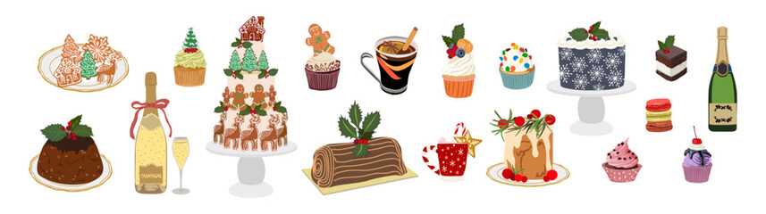 Pastry, cupcake, gingerbread cookies, cakes, Christmas pudding, hot, alcohol drinks. Set of sweet desserts and champagne decorated for New year, Christmas table. Vector illustration isolated