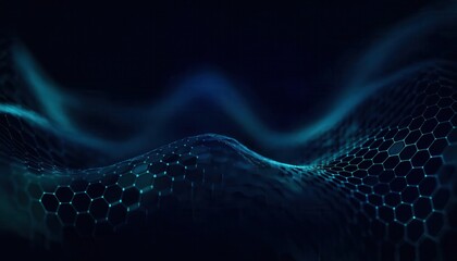 futuristic glowing hexagonal mesh with fluid waves in dark blue tones, ideal for technology background, ai visualization, sci-fi design

