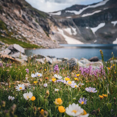 Obraz premium Colorful wildflowers blooming near a crystal-clear alpine lake surrounded by majestic snow-capped mountains