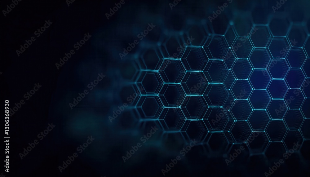 Poster futuristic glowing hexagonal mesh with fluid waves in dark blue tones, ideal for technology backgrou