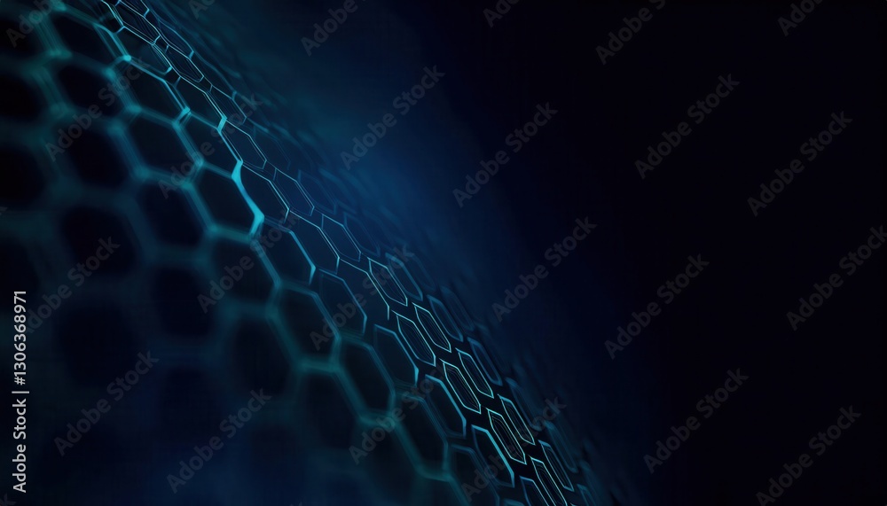 Poster futuristic glowing hexagonal mesh with fluid waves in dark blue tones, ideal for technology backgrou