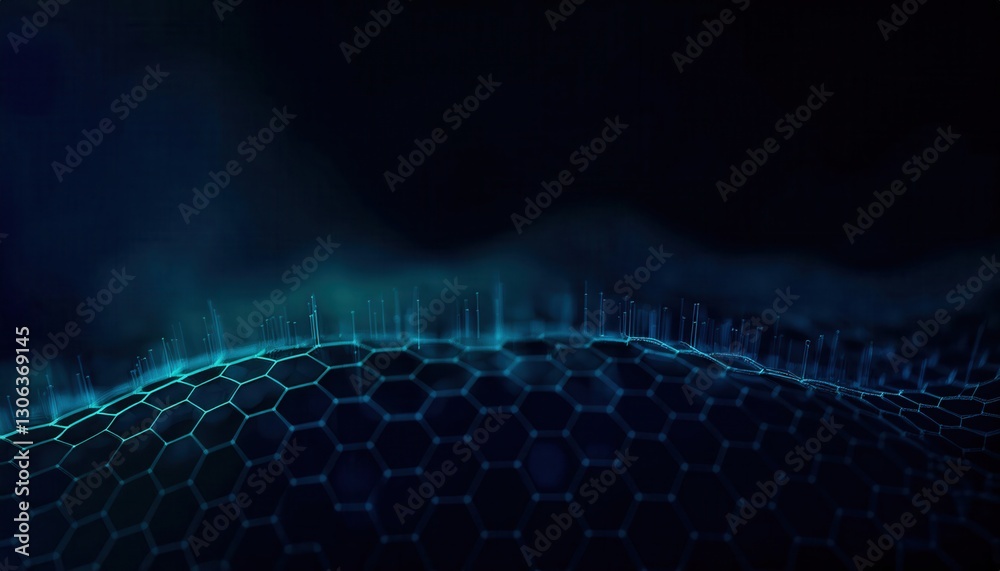 Poster futuristic glowing hexagonal mesh with fluid waves in dark blue tones, ideal for technology backgrou