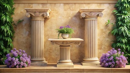 Naklejka premium Serene Garden Sanctuary with Classical Columns and Blooming Purple Flowers