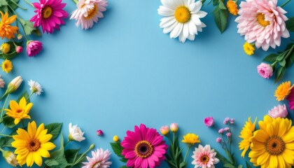 Obraz premium Bright and vibrant floral arrangement featuring vivid summer blooms spread around a blue backdrop, creating a lively and cheerful atmosphere.