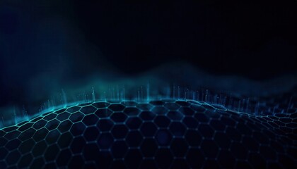 futuristic glowing hexagonal mesh with fluid waves in dark blue tones, ideal for technology background, ai visualization, sci-fi design

