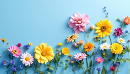 Bright and vibrant floral arrangement featuring vivid summer blooms spread around a blue backdrop, creating a lively and cheerful atmosphere.