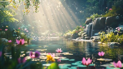 "Serene Forest Stream with Vibrant Flowers – Tranquil and Idyllic Nature Scene"