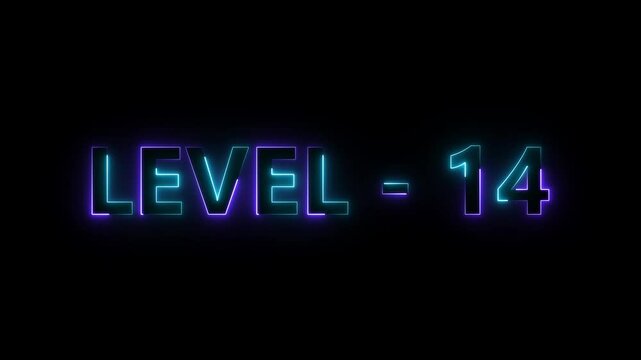 Level 14 text font with glowing neon light.Level Up neon sign tex animation.