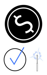 Black dollar coin, blue check mark for approval, and wind turbine symbolizing renewable energy. Ideal for finance, approval processes, sustainability, clean energy, eco-innovation, progress circular