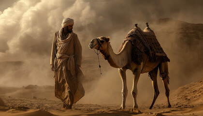 Fototapeta premium A lone traveler in a desert cloak with a camel, walking through a vast sandstorm in golden dunes