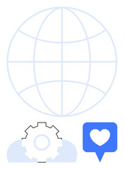 Globe outline with gear and heart in speech bubble below symbolize connection, innovation, communication. Ideal for global business, technology, collaboration, support, relationships, networking