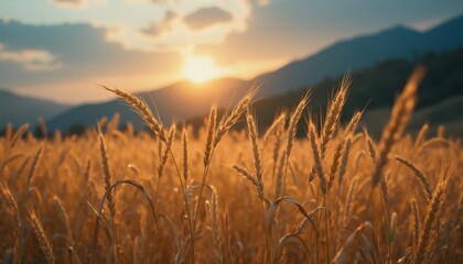 Naklejka premium Sunset over golden wheat fields with mountains in the background
