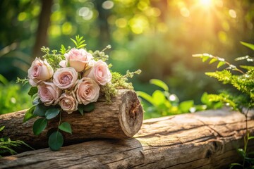 A delicate bouquet of blush pink roses rests gently on a weathered log in a sun-dappled forest setting, creating a tranquil and romantic scene.
