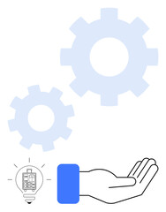 Open hand beneath lightbulb with gears and circuits, symbolizing ideas, innovation, process, support, teamwork, science, development. Ideal for business technology strategy guidance industry