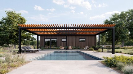 Naklejka premium Modern Outdoor Oasis with Pool and Stylish Pergola in Sunny Setting