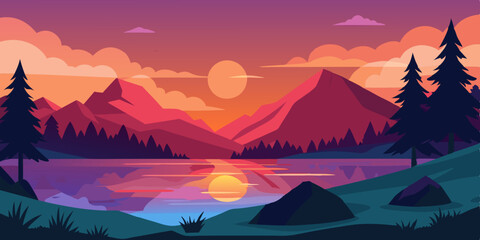Stunning sunset over tranquil lake surrounded by mountains and trees