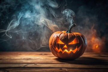 A menacing jack-o'-lantern glows ominously on a rustic wooden surface, shrouded in ethereal smoke, creating an eerie and mysterious autumnal scene.