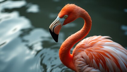 Obraz premium Cinematic view of a flamingo standing gracefully by the water during golden hour