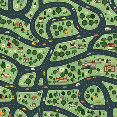 Seamless pattern children's road map, print with trees, bridges, roads