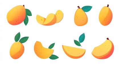 Obraz premium Cartoon Mango Slices, Various Angles, Fruits Illustration, Vector Graphic, Digital Art