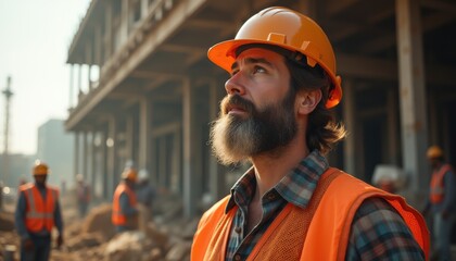 Fototapeta premium Confident co dev observing construction site progress in urban setting during golden hour