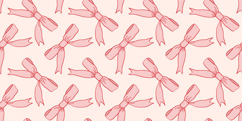 Pink vintage coquettish ribbon bows seamless pattern for fabric, wallpaper, gift wrapping, scrapbooking, and fashion design. Elegant hand-drawn aesthetic for feminine and romantic creative projects.