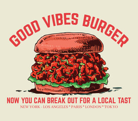 Fast food design. Crispy and delicious fast food artwork. Vintage design for Graphic T-Shirts. Burger design for t shirt print, poster, sticker, background and other uses. Burger Fast food tee design