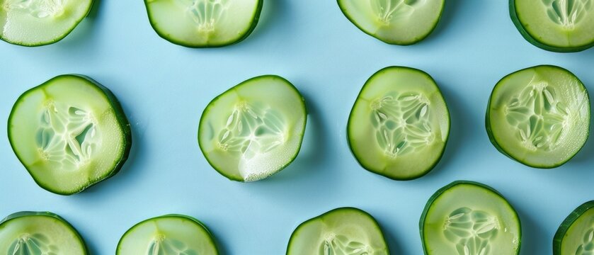 Sliced cucumber pieces arranged on a colorful background. Top down aerial view of sliced fresh vegetable with juice textured. Flat lay composition with copy space for food and health design. AIG55.